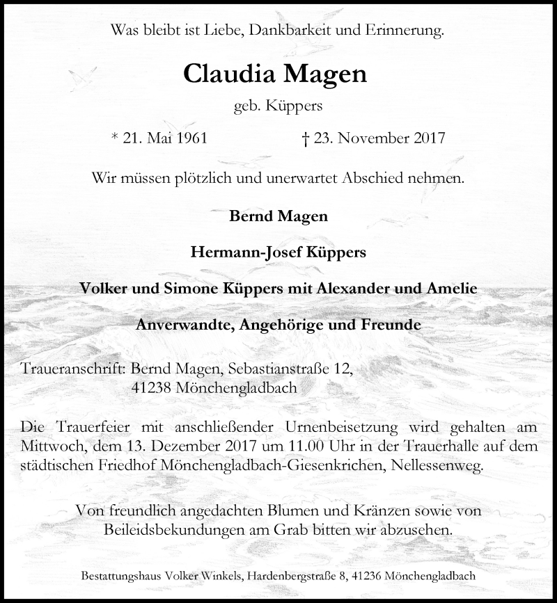 Traueranzeige für Claudia Magen vom 02.12.2017 aus Rheinische Post
