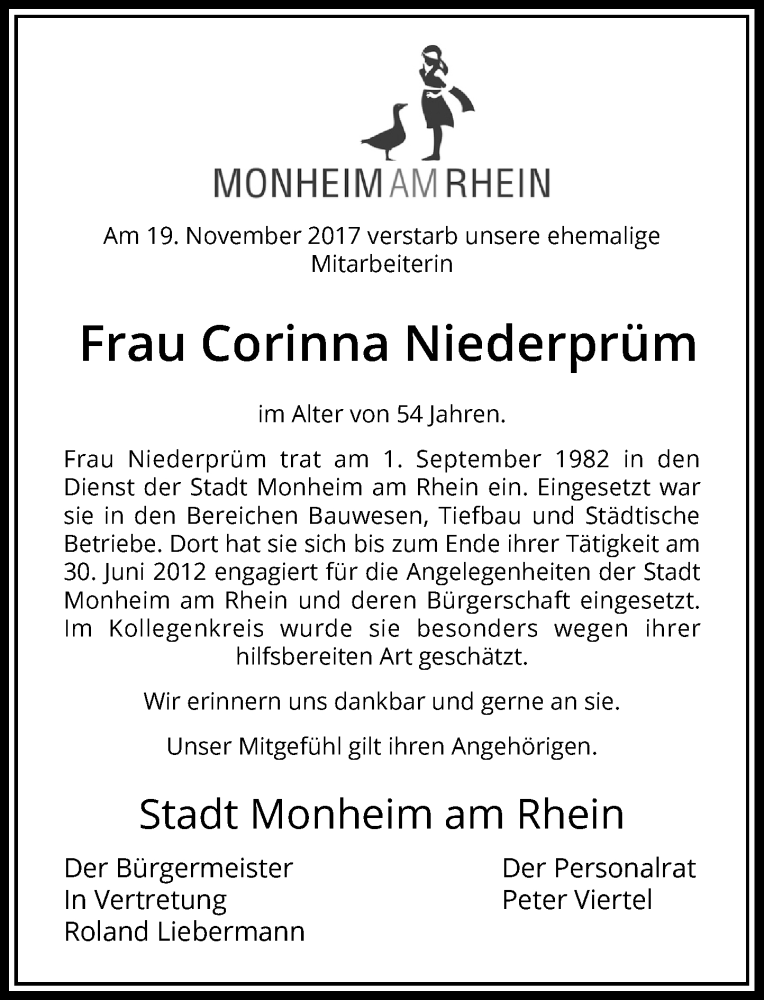  Traueranzeige für Corinna Niederprüm vom 29.11.2017 aus Rheinische Post