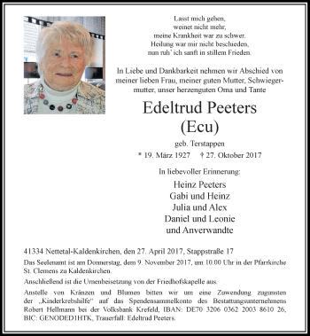 Traueranzeige von Edeltrud Peeters von Rheinische Post