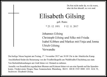 Traueranzeige von Elisabeth Gilsing von Rheinische Post