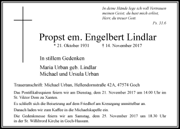 Traueranzeige von Engelbert Lindlar von Rheinische Post