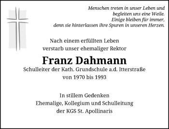 Traueranzeige von Franz Dahmann von Rheinische Post