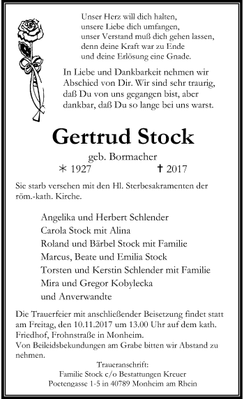 Traueranzeige von Gertrud Stock von Rheinische Post