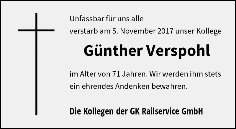  Traueranzeige für Günther Verspohl vom 11.11.2017 aus Rheinische Post