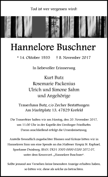 Traueranzeige von Hannelore Buschner von Rheinische Post