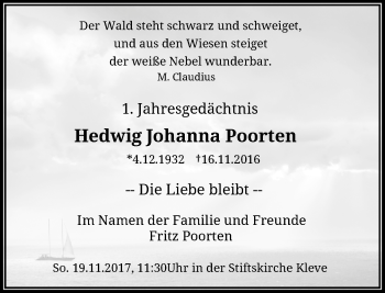 Traueranzeige von Hedwig Johanna Poorten von Rheinische Post