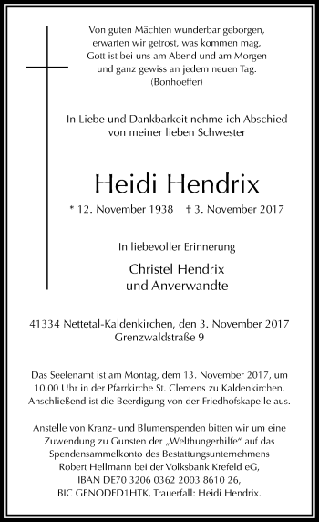 Traueranzeige von Heidi Hendrix von Rheinische Post
