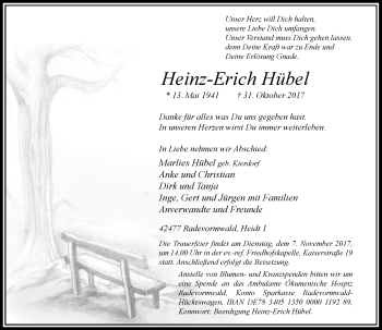 Traueranzeige von Heinz-Erich Hübel von Rheinische Post