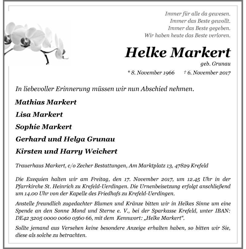  Traueranzeige für Helke Markert vom 11.11.2017 aus Rheinische Post