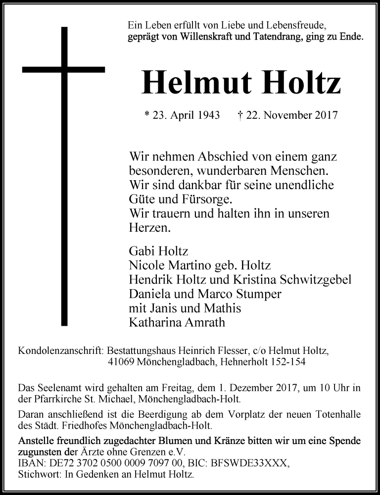  Traueranzeige für Helmut Holtz vom 25.11.2017 aus Rheinische Post