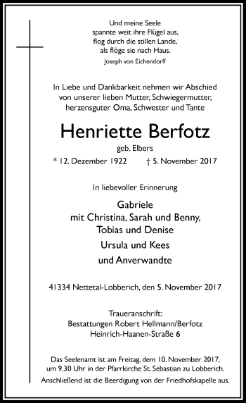 Traueranzeige von Henriette Berfotz von Rheinische Post