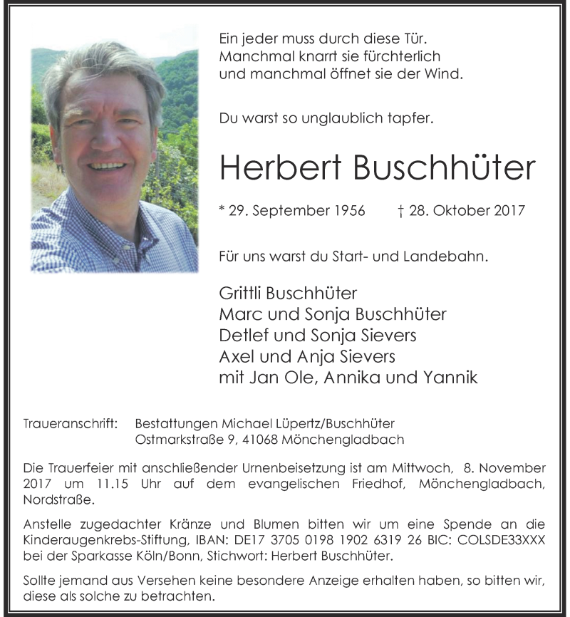  Traueranzeige für Herbert Buschhüter vom 04.11.2017 aus Rheinische Post