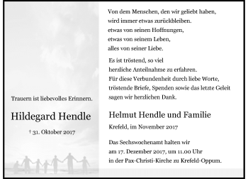 Traueranzeige von Hildegard Hendle von Rheinische Post