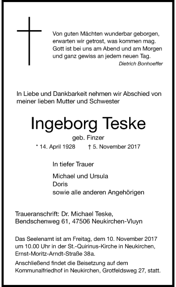 Traueranzeige von Ingeborg Teske von Rheinische Post