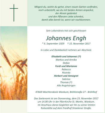 Traueranzeige von Johannes Engh von Rheinische Post