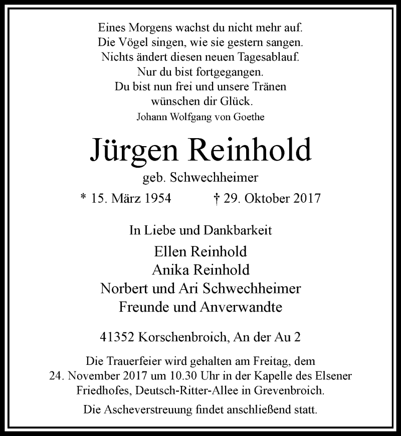  Traueranzeige für Jürgen Reinhold vom 20.11.2017 aus Rheinische Post