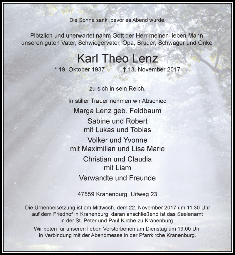  Traueranzeige für Karl Theo Lenz vom 18.11.2017 aus Rheinische Post