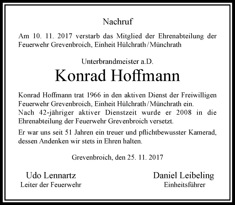  Traueranzeige für Konrad Hoffmann vom 25.11.2017 aus Rheinische Post