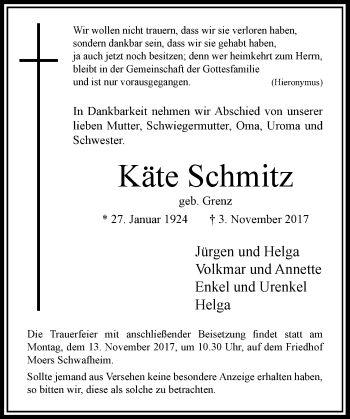 Traueranzeige von Käte Schmitz von Rheinische Post