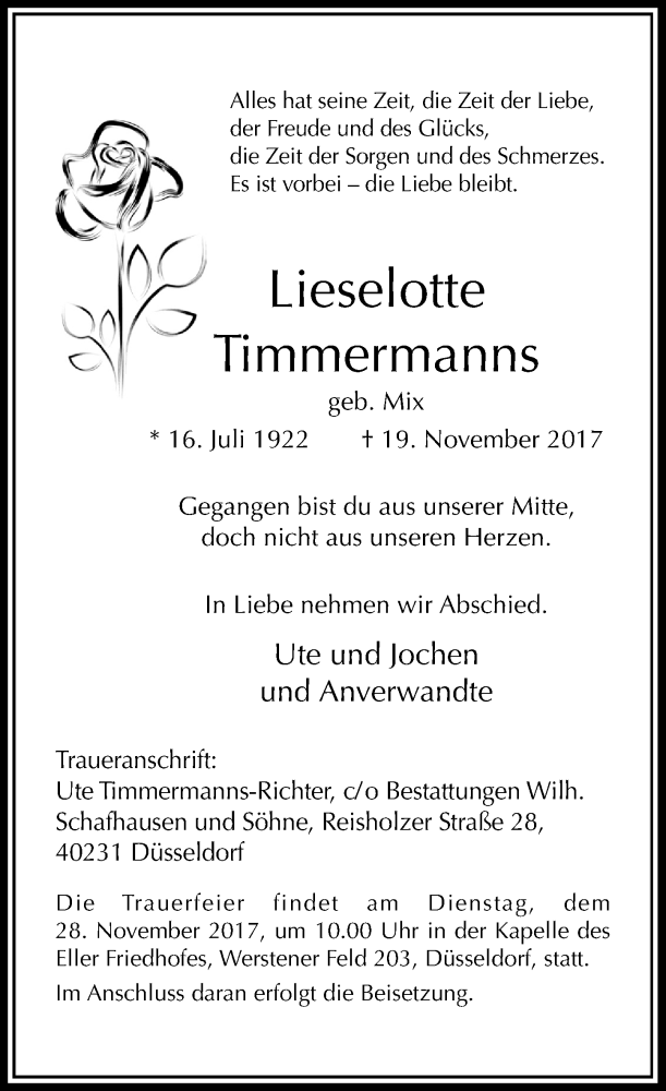  Traueranzeige für Lieselotte Timmermanns vom 25.11.2017 aus Rheinische Post