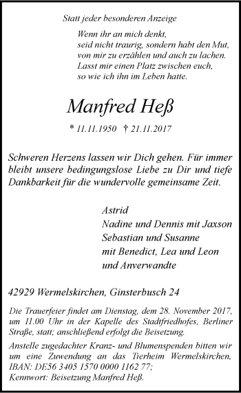 Traueranzeige von Manfred Heß von Rheinische Post