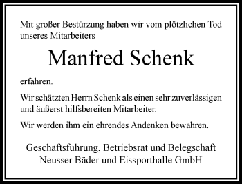 Traueranzeige von Manfred Schenk von Rheinische Post