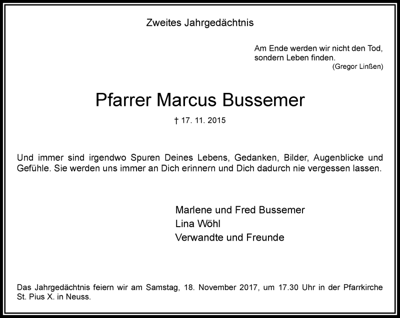  Traueranzeige für Marcus Bussemer vom 11.11.2017 aus Rheinische Post