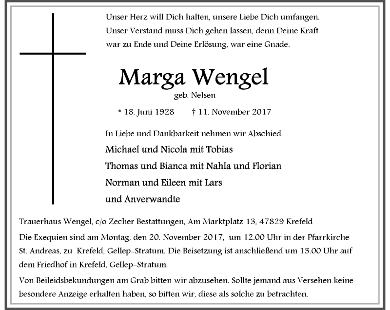  Traueranzeige für Marga Wengel vom 18.11.2017 aus Rheinische Post