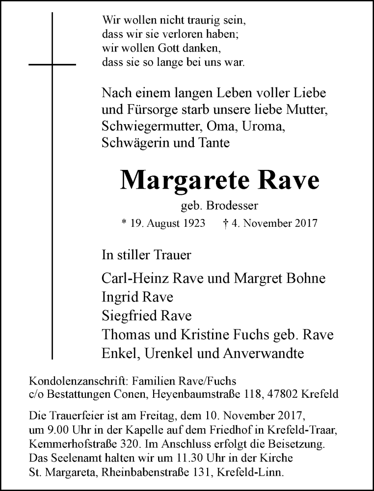  Traueranzeige für Margarete Rave vom 08.11.2017 aus Rheinische Post