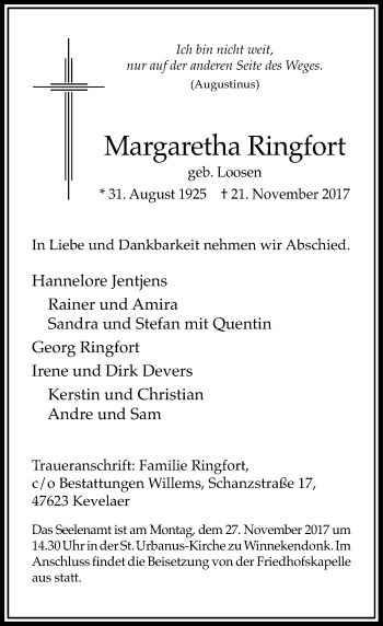 Traueranzeige von Margaretha Ringfort von Rheinische Post
