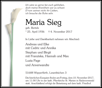 Traueranzeige von Maria Sieg von Rheinische Post