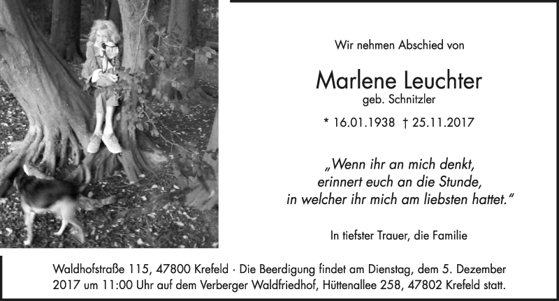  Traueranzeige für Marlene Leuchter vom 02.12.2017 aus Rheinische Post