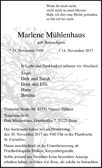 Traueranzeige von Marlene Mühlenhaus von Rheinische Post