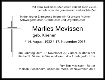 Traueranzeige von Marlies Mevissen von Rheinische Post