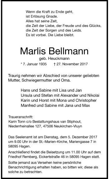 Traueranzeige von Marlis Bellmann von Rheinische Post