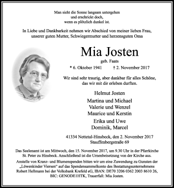 Traueranzeige von Mia Josten von Rheinische Post