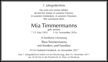 Traueranzeige von Mia Timmermanns von Rheinische Post