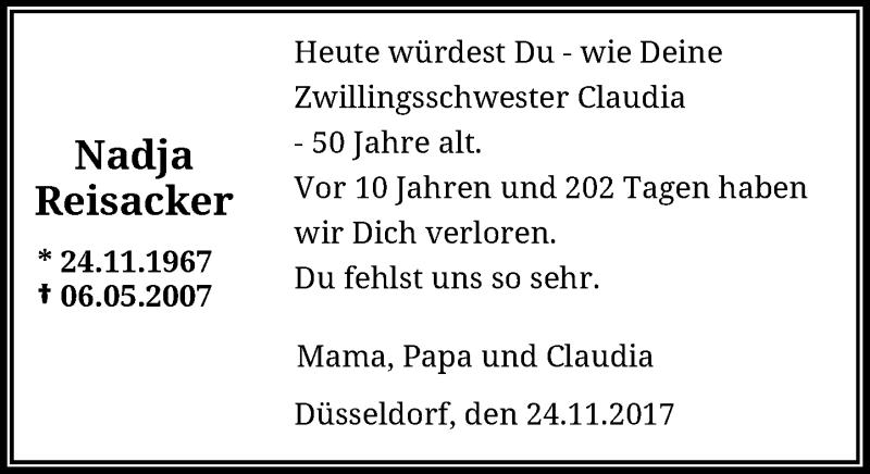  Traueranzeige für Nadja Reisacker vom 24.11.2017 aus Rheinische Post