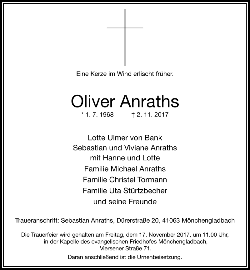  Traueranzeige für Oliver Anraths vom 11.11.2017 aus Rheinische Post