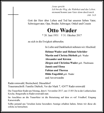Traueranzeige von Otto Wader von Rheinische Post