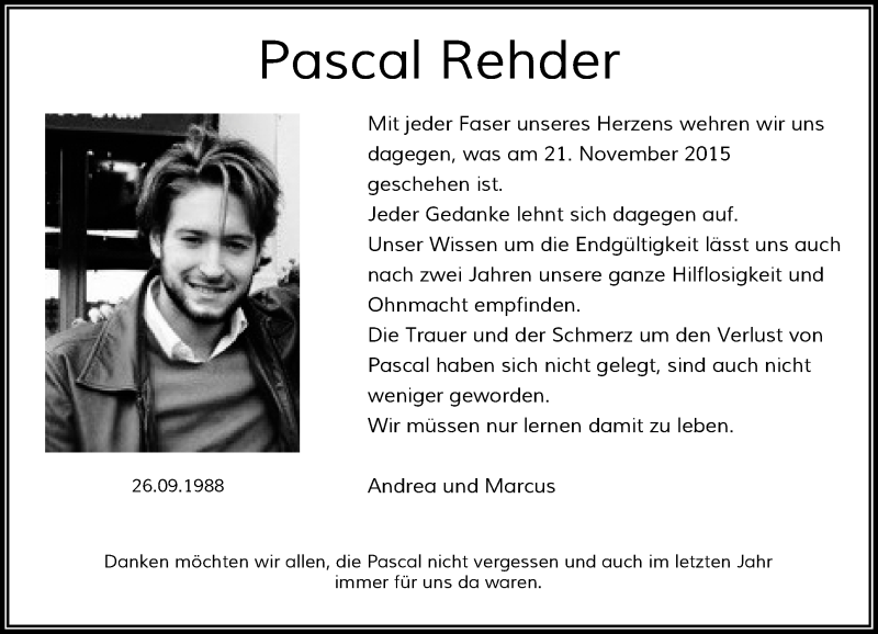  Traueranzeige für Pascal Rehder vom 22.11.2017 aus Rheinische Post