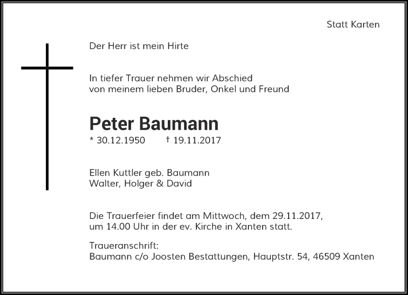  Traueranzeige für Peter Baumann vom 22.11.2017 aus Rheinische Post