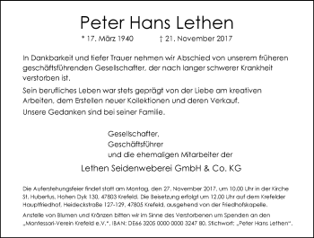 Traueranzeige von Peter Hans Lethen von Rheinische Post