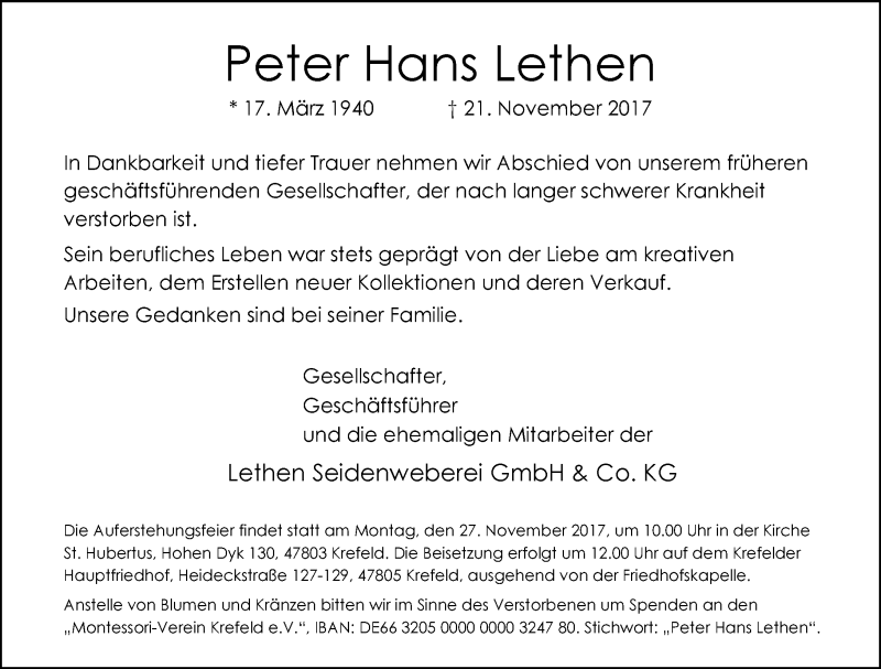  Traueranzeige für Peter Hans Lethen vom 25.11.2017 aus Rheinische Post
