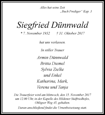 Traueranzeige von Siegfried Dünnwald von Rheinische Post