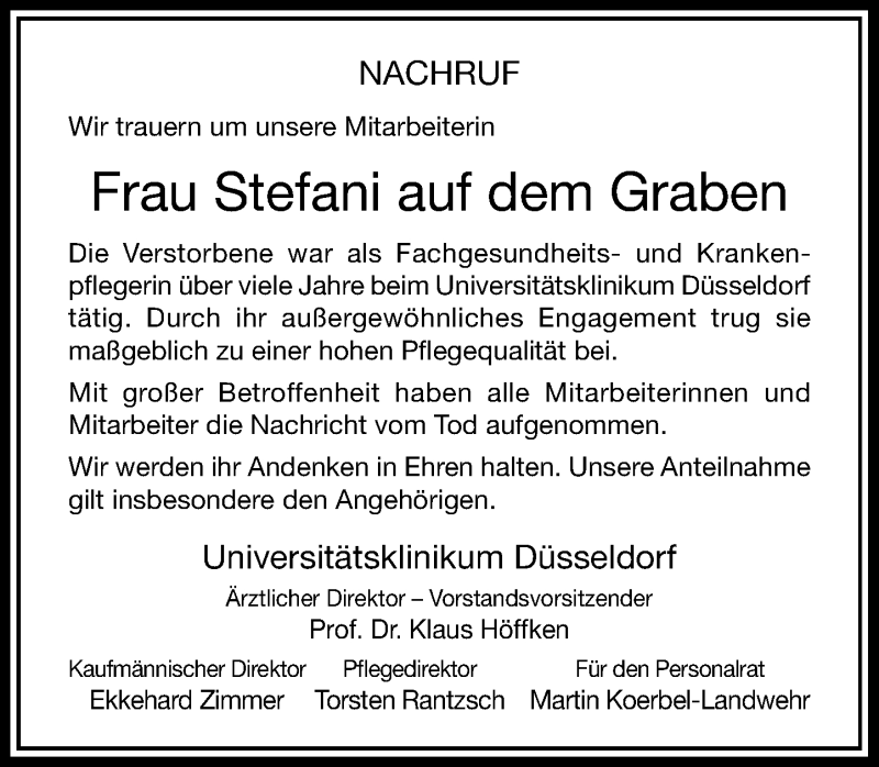  Traueranzeige für Stefani auf dem Graben vom 25.11.2017 aus Rheinische Post