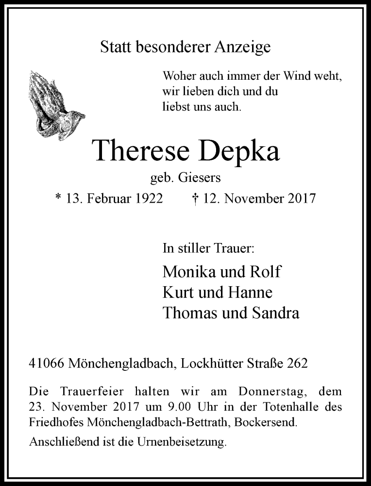  Traueranzeige für Therese Depka vom 18.11.2017 aus Rheinische Post