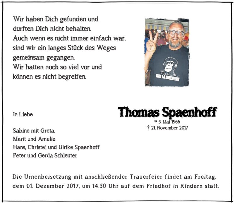  Traueranzeige für Thomas Spaenhoff vom 28.11.2017 aus Rheinische Post