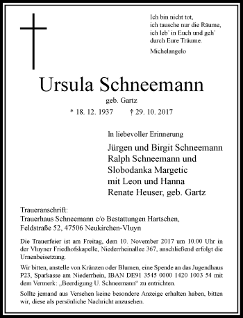 Traueranzeige von Ursula Schneemann von Rheinische Post
