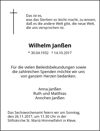 Traueranzeige von Wilhelm Janßen von Rheinische Post